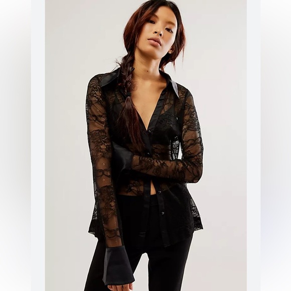Free People Tops - Free People Sheer Black Lace Blouse
